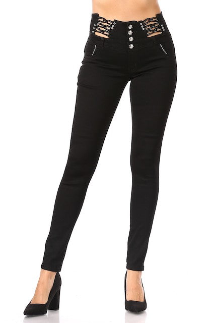 Open in Knots Studded High Rise Jeans in black