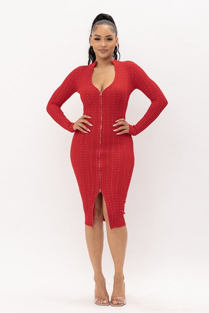 Rhinestone Zip Up Midi Dress - Red
