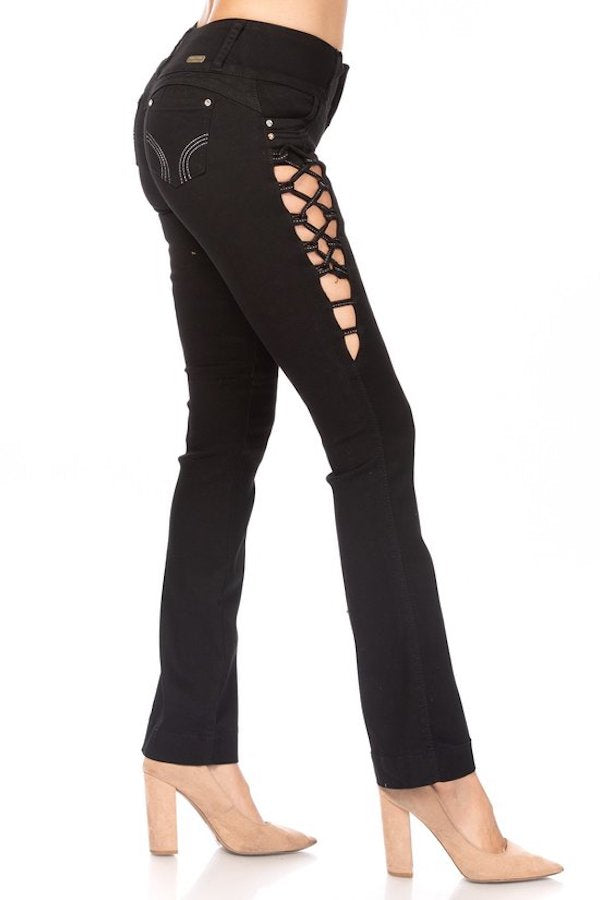 Side of Side Lace Up Cut Out Boot Cut Jeans in Black