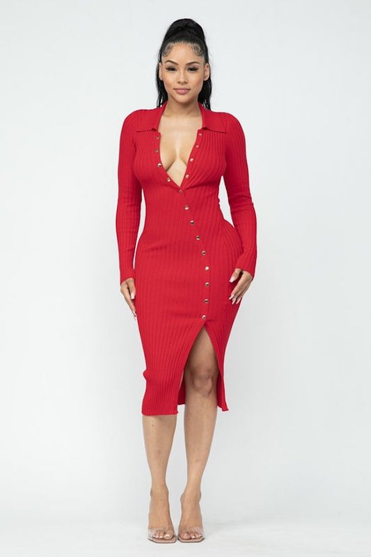 Long Sleeve Button Down Dress With Collar - Red