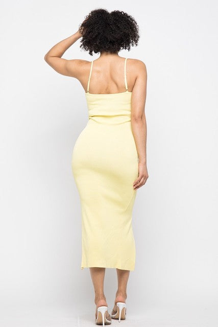 Button Down High Slit Dress - Yellow - Back View