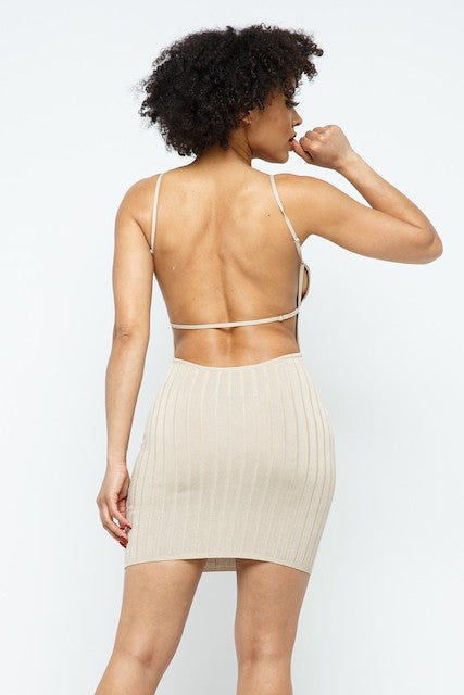 back of Open Back Knit Dress in stone color