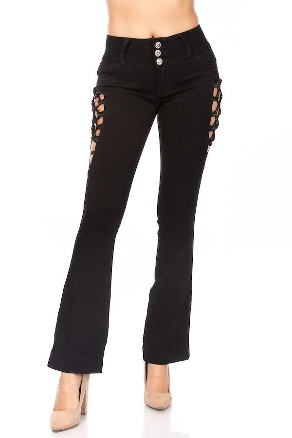 Side Lace Up Cut Out Boot Cut Jeans in Black