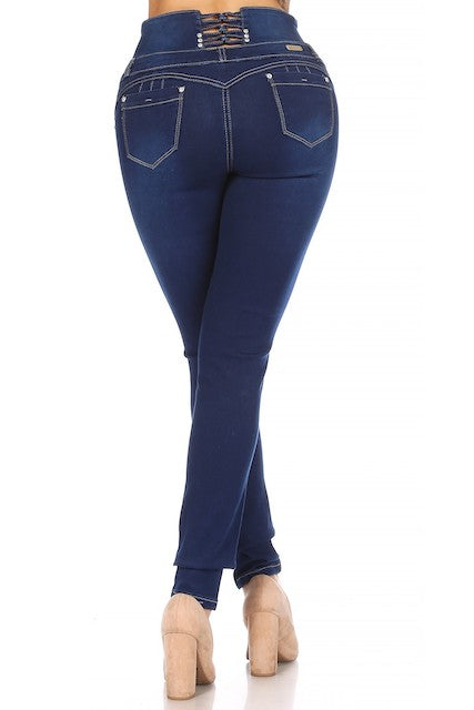 back of Open in Knots Studded High Rise Jeans in blue