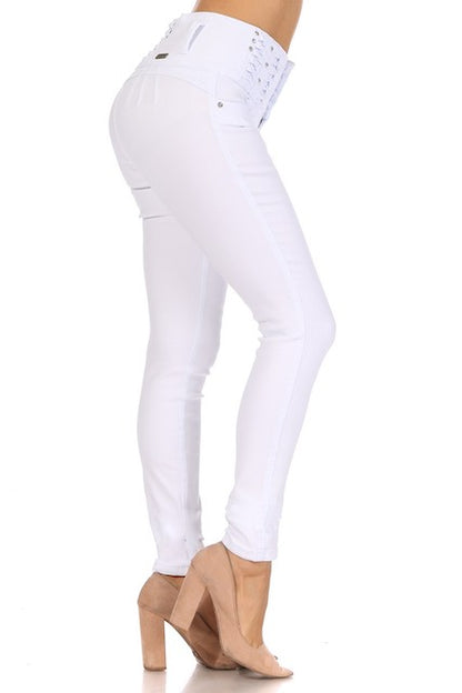side of Studded Jeans W/ No Back Pockets in white