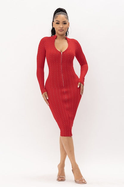 Rhinestone Zip Up Midi Dress - Red