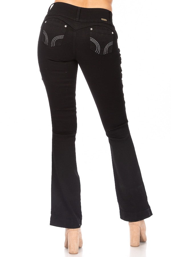 Back of Side Lace Up Cut Out Boot Cut Jeans in Black