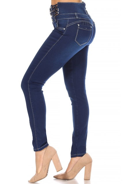 side of Open in Knots Studded High Rise Jeans in blue