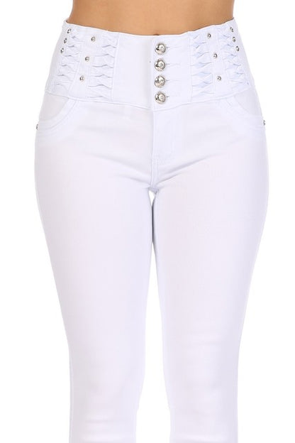 Studded Jeans W/ No Back Pockets in white