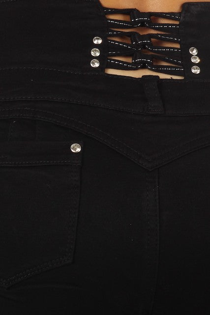 close up of Open in Knots Studded High Rise Jeans
