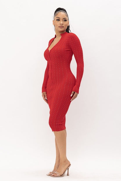 Rhinestone Zip Up Midi Dress - Red