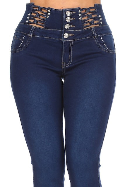 Open in Knots Studded High Rise Jeans in blue