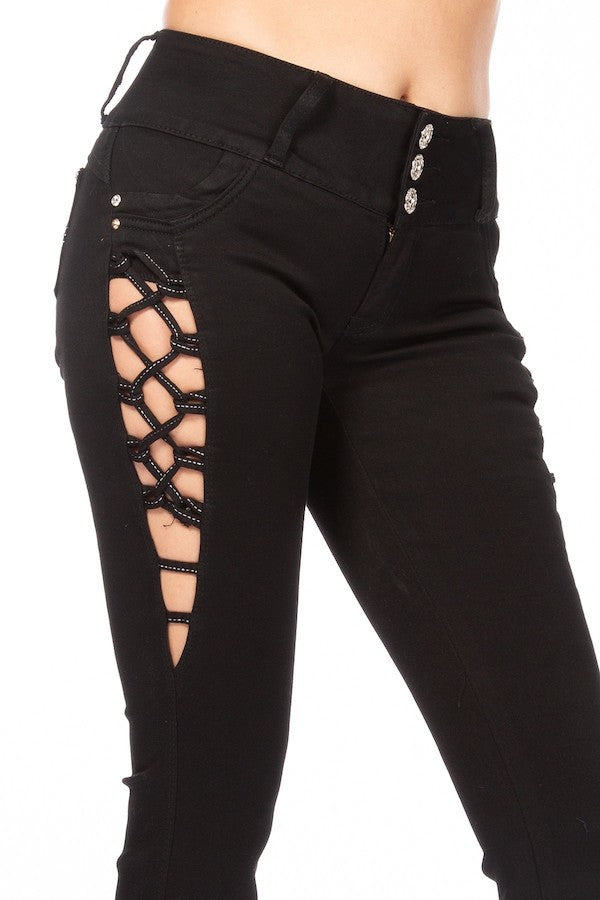 Close up of Side Lace Up Cut Out Boot Cut Jeans in Black