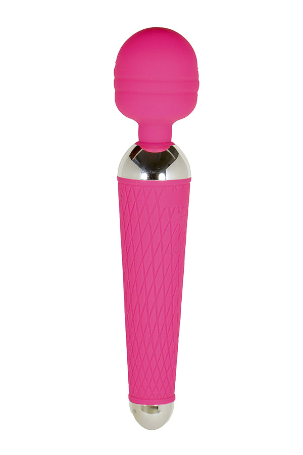 The product image shows a pink rechargeable personal massager on a white background. 