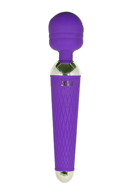 The product image shows a purple rechargeable personal massager on a white background. 