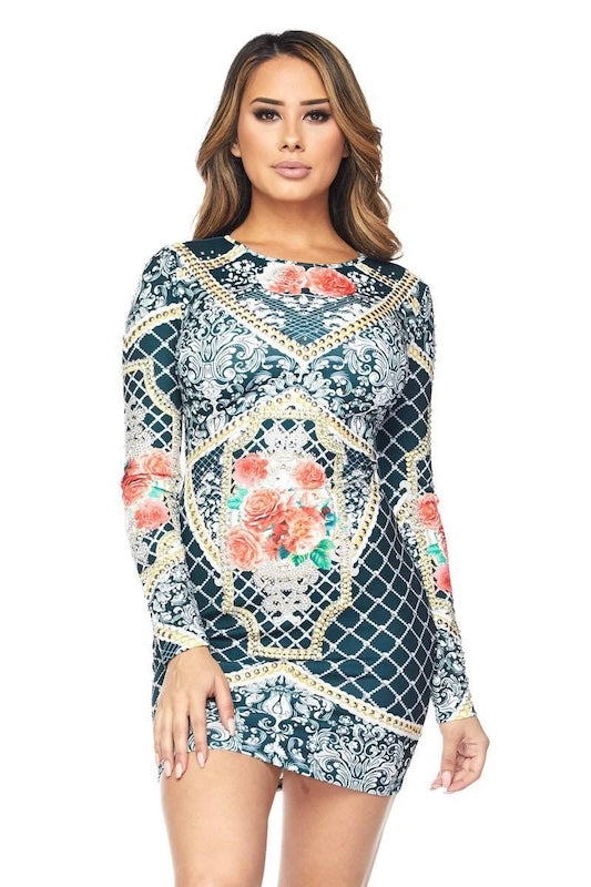 Blooming Beauty Rose Print Long Sleeve Dress W/ Rhinestones