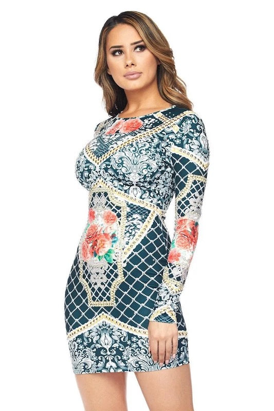 Blooming Beauty Rose Print Long Sleeve Dress W/ Rhinestones