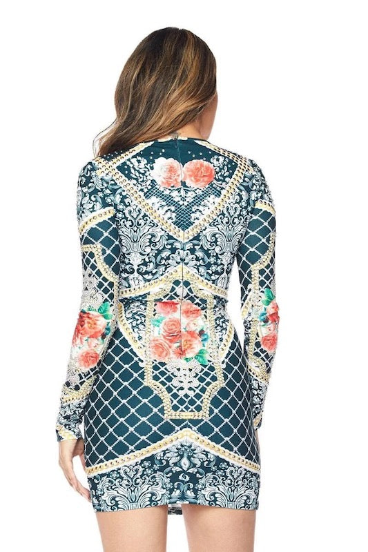 Blooming Beauty Rose Print Long Sleeve Dress W/ Rhinestones