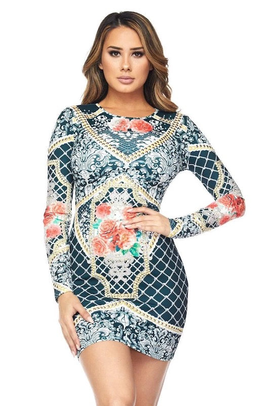 Blooming Beauty Rose Print Long Sleeve Dress W/ Rhinestones