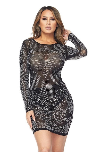 Sparkling Scoop Long Sleeve Dress with Rhinestones