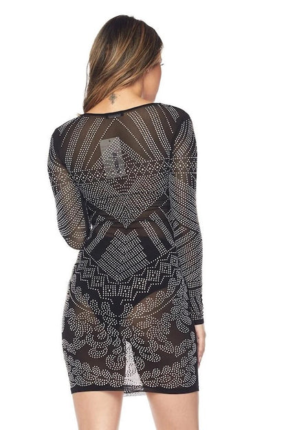 back of Sparkling Scoop Long Sleeve Dress with Rhinestones