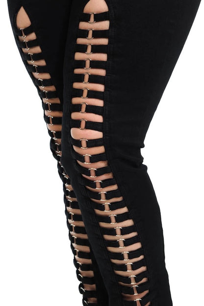 Close up of Up The Ladder with O Rings Jeans in Black