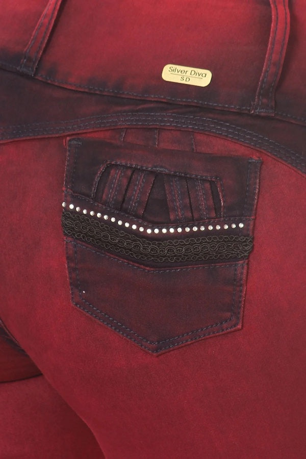 Close up of High Waist Jeans W/ Crotchet & Rhinestones in Red