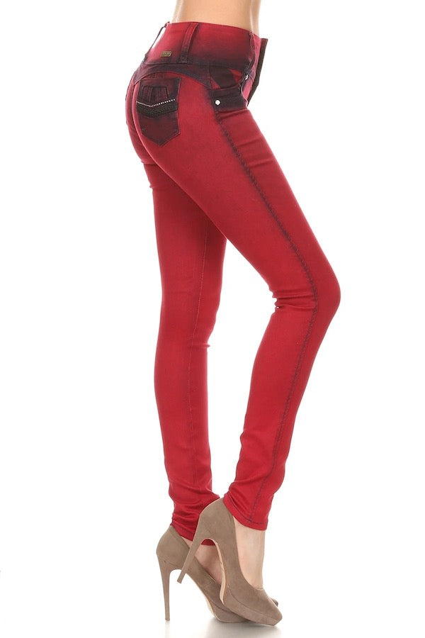 Side of High Waist Jeans W/ Crotchet & Rhinestones in Red