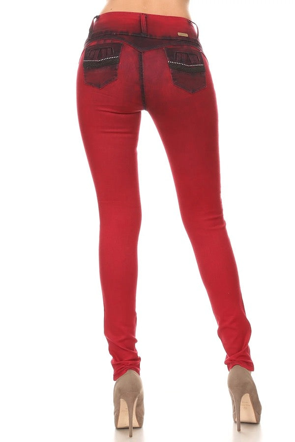Back of High Waist Jeans W/ Crotchet & Rhinestones in Red