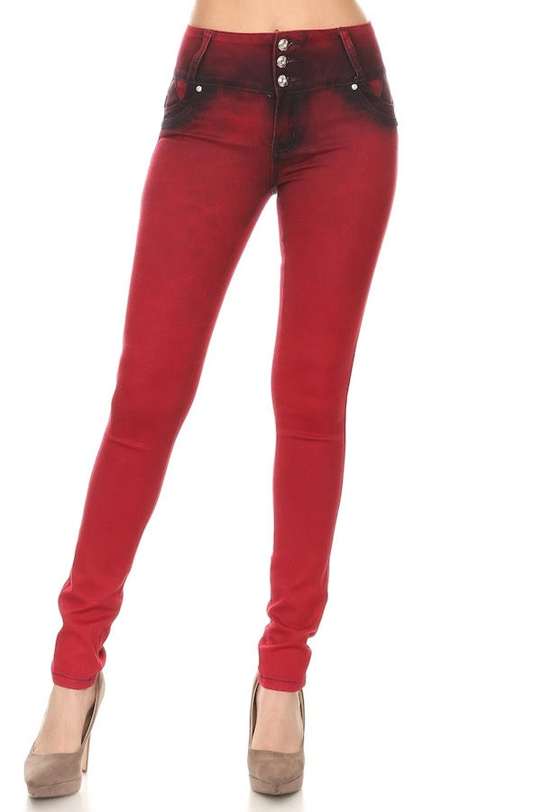 High Waist Jeans W/ Crotchet & Rhinestones in Red