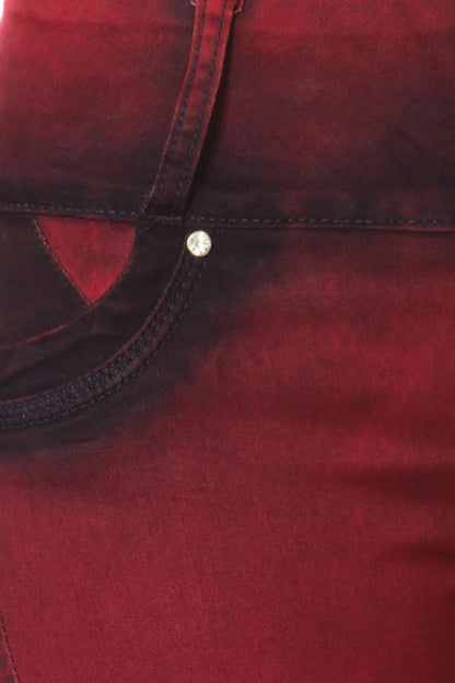 Close up of High Waist Jeans W/ Crotchet & Rhinestones in Red