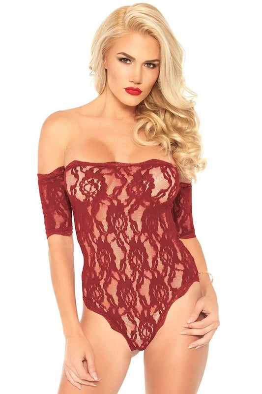 burgundy Scalloped Rose Lace Strapless Teddy on model