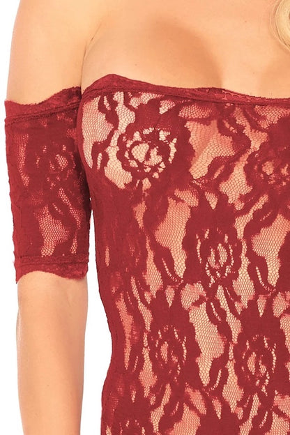  burgundy Scalloped Rose Lace Strapless Teddy on model