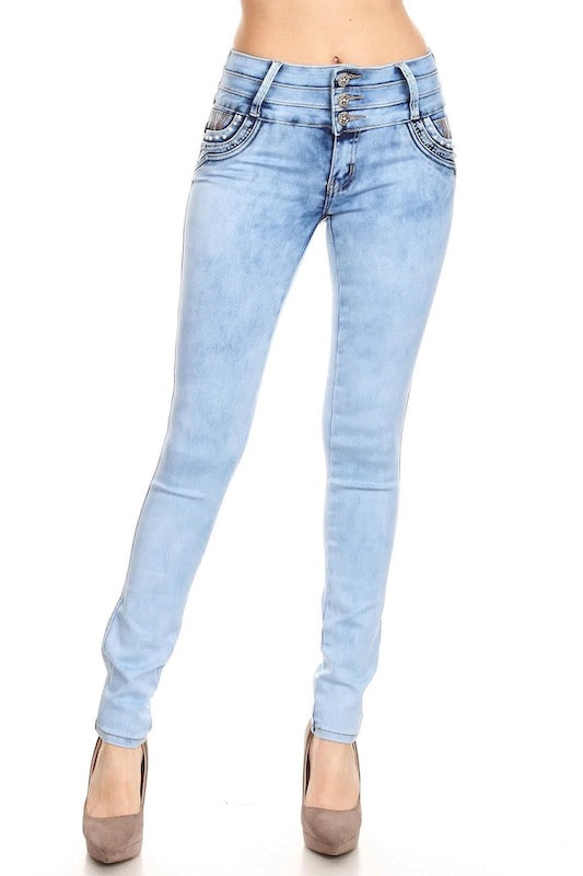 Rapunzel Jeans W/ Pearls in Light Blue