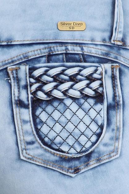 Close up of Rapunzel Jeans W/ Pearls in Light Blue