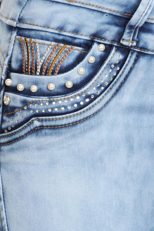 Close up of Rapunzel Jeans W/ Pearls in Light Blue