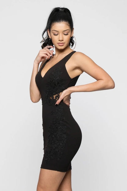 Side Lace Patch Detail Dress - Black