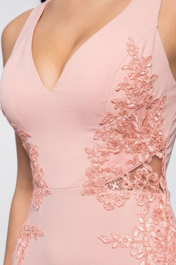 Side Lace Patch Detail Dress -  Pink - Close Up