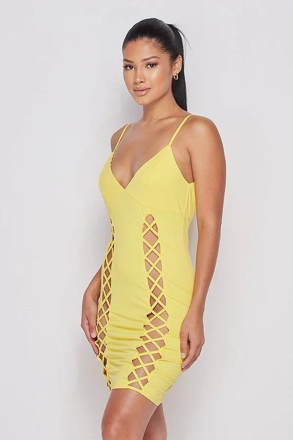 Double Lace Up Mini Dress in Yellow
