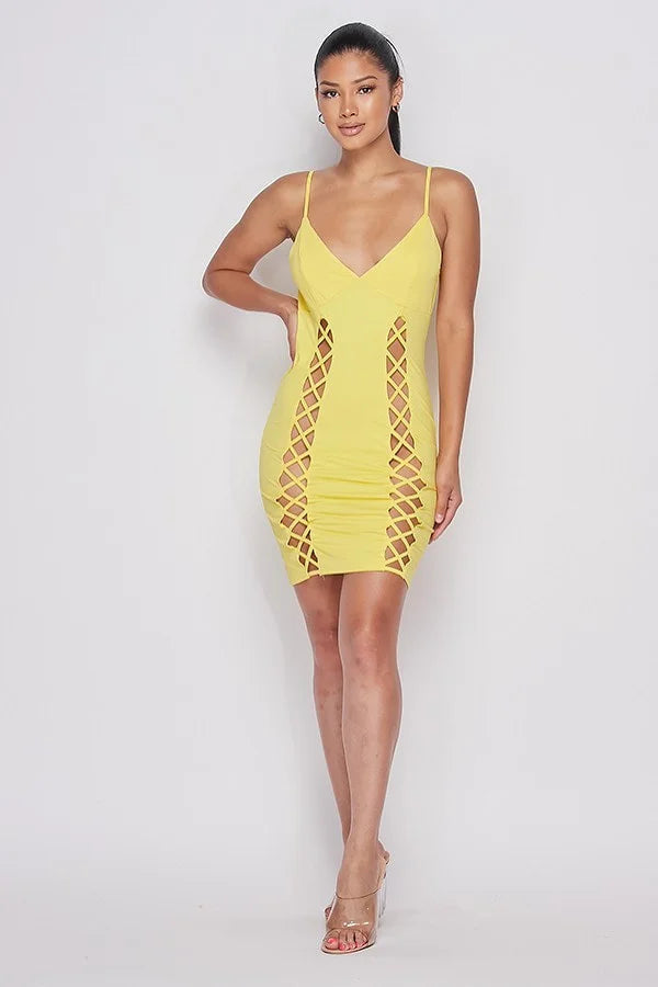 Double Lace Up Mini Dress in Yellow