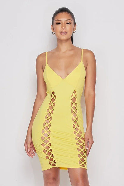Double Lace Up Mini Dress in Yellow