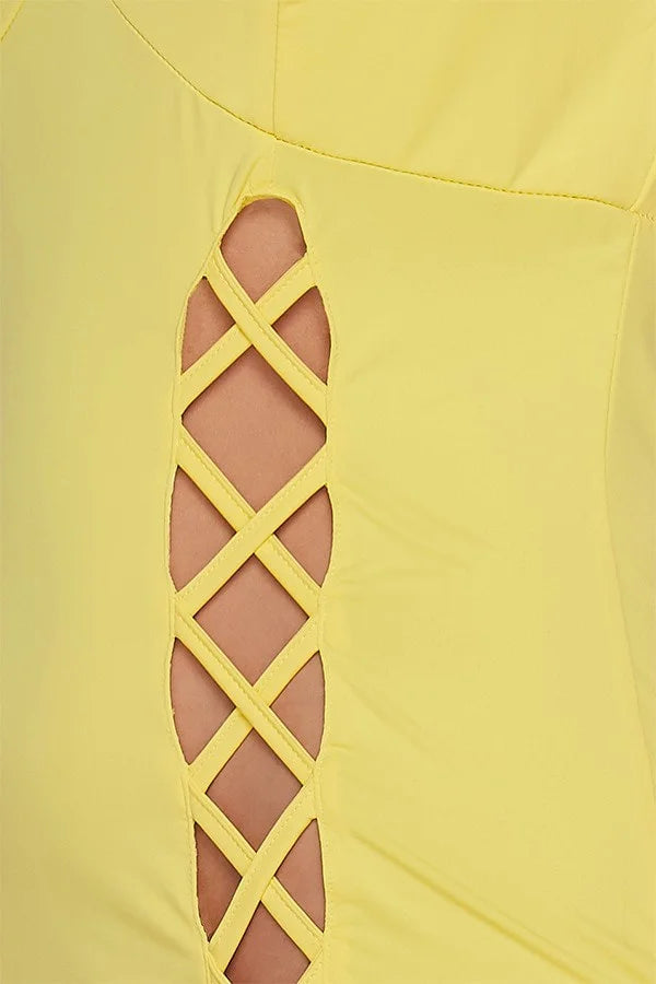 Close up of Double Lace Up Mini Dress in Yellow
