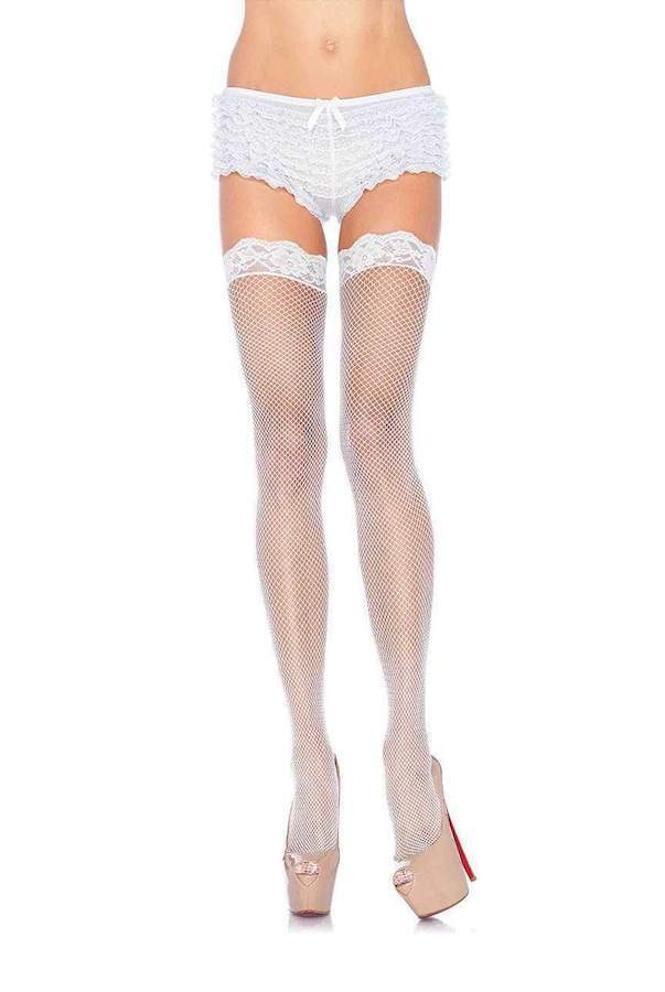 Gwen Fishnet Thigh High Stockings - White