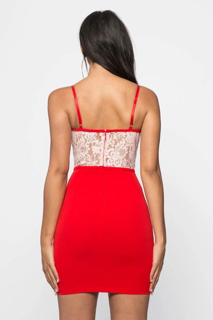 Back of Asymmetrical Scalloped Lace Bustier Dress in Color Red
