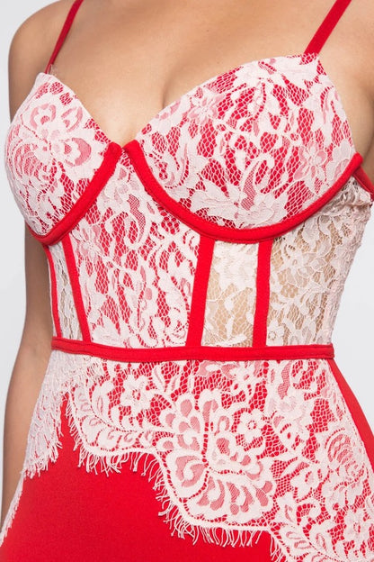 Close up of Asymmetrical Scalloped Lace Bustier Dress in Color Red