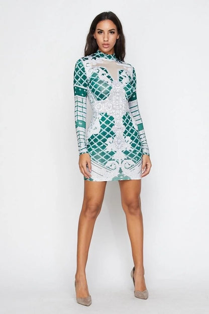 Glamour Contour Print Long Sleeve Dress W/ Rhinestones