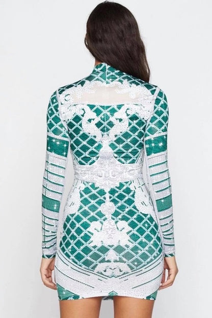 backside of Glamour Contour Print Long Sleeve Dress W/ Rhinestones