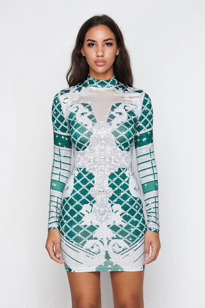 Glamour Contour Print Long Sleeve Dress W/ Rhinestones