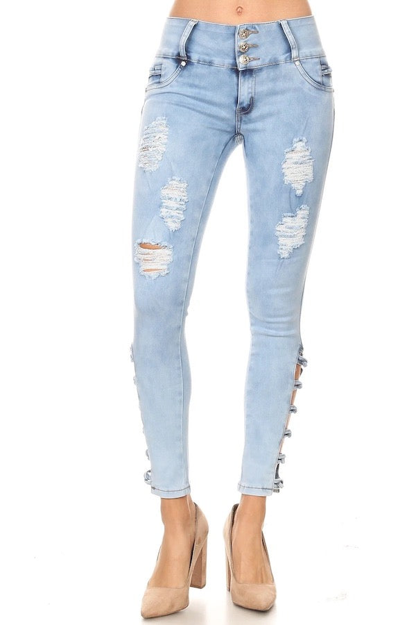 Ripped Skinny Jeans W/ Side Leg Cut Out