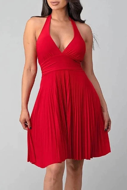 Monroe Halter Pleated Dress - Red